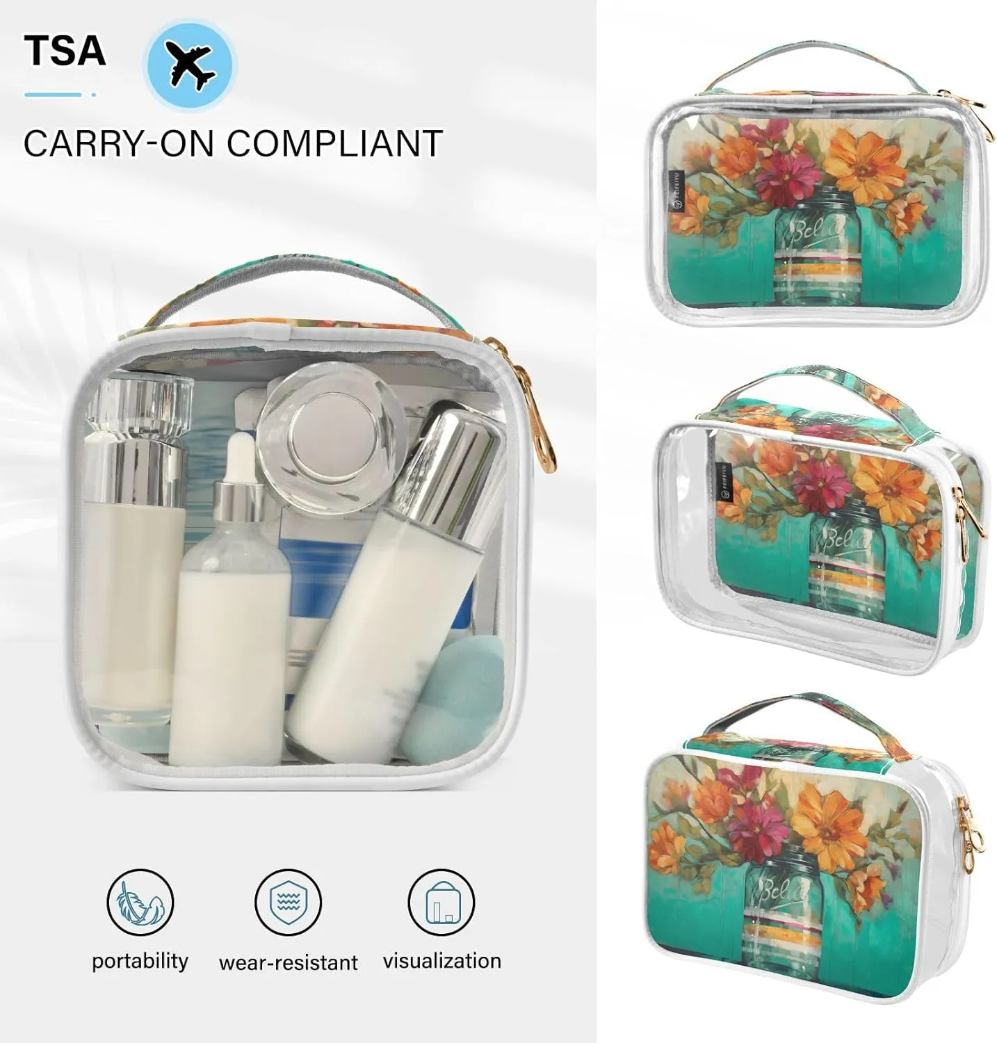 GAIGEO Oil Painting Vase Decoration Clear Makeup Bag Set, Cosmetic Bag Double Zipper, Womens Toiletries Bag, 2 Pack