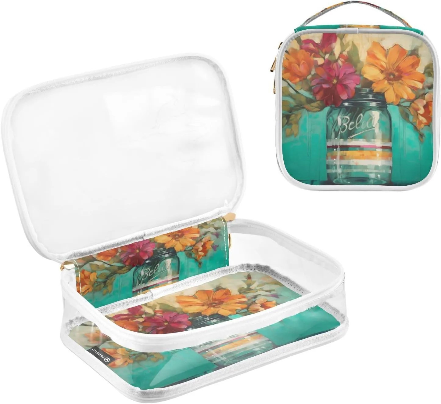 GAIGEO Oil Painting Vase Decoration Clear Makeup Bag Set, Cosmetic Bag Double Zipper, Womens Toiletries Bag, 2 Pack