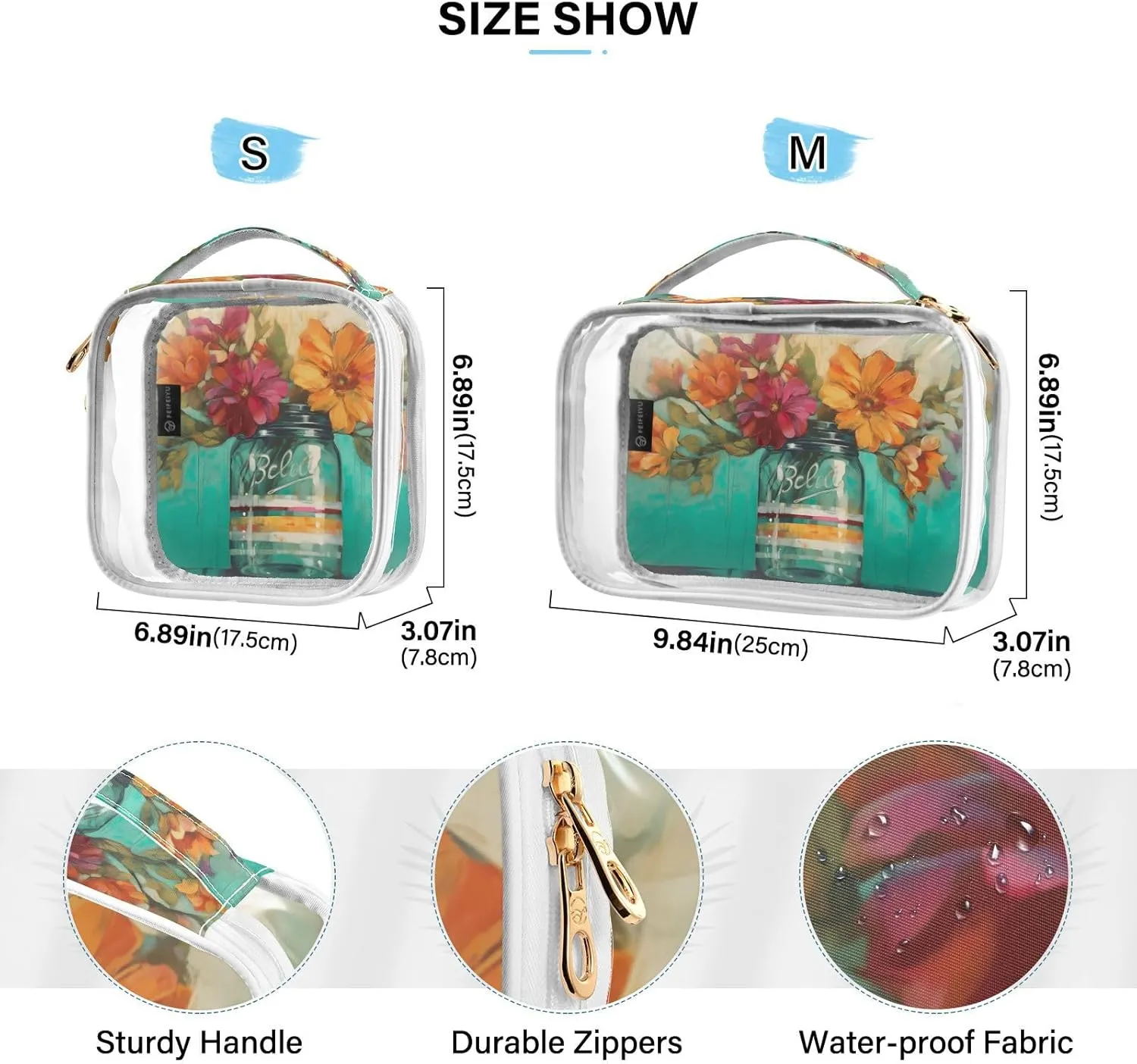 GAIGEO Oil Painting Vase Decoration Clear Makeup Bag Set, Cosmetic Bag Double Zipper, Womens Toiletries Bag, 2 Pack