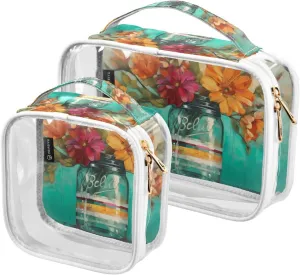 GAIGEO Oil Painting Vase Decoration Clear Makeup Bag Set, Cosmetic Bag Double Zipper, Womens Toiletries Bag, 2 Pack