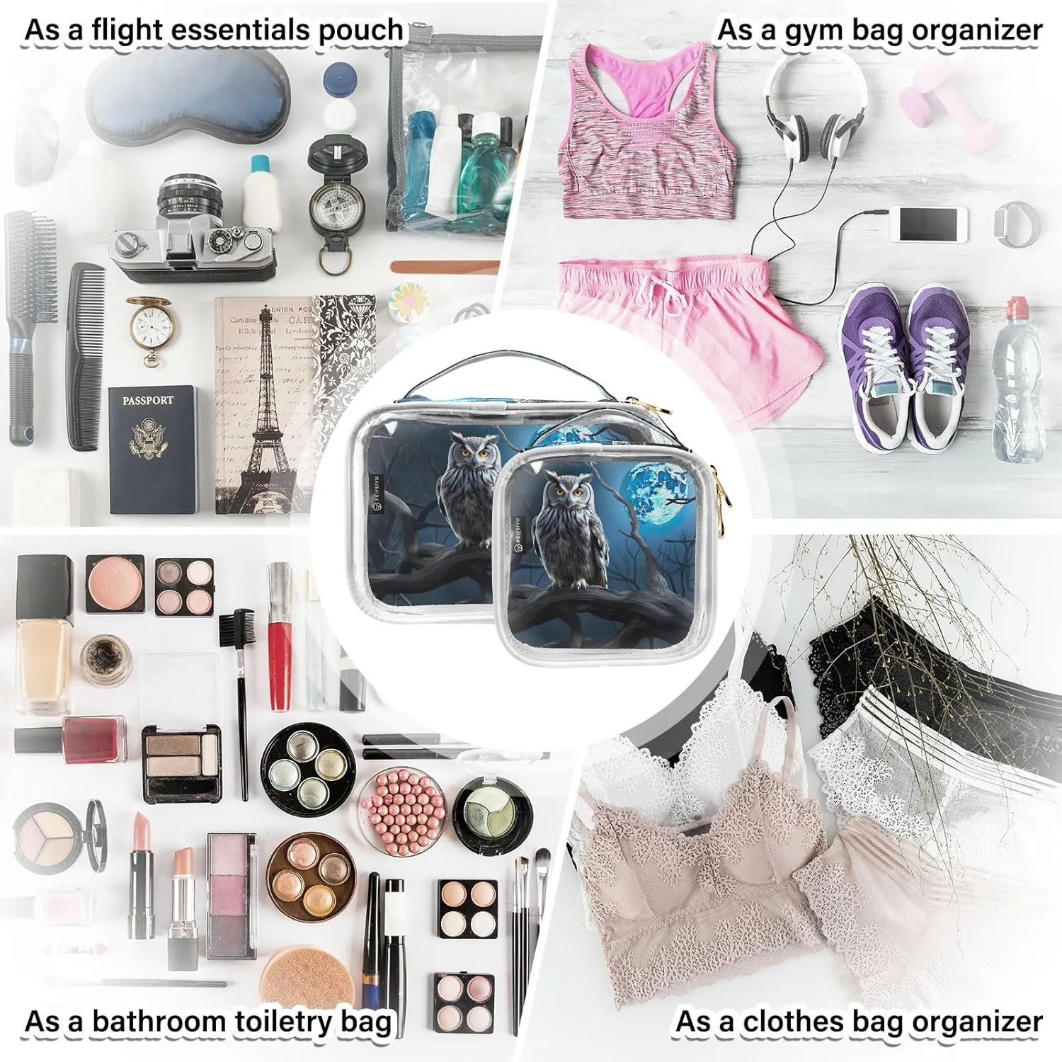 GAIGEO Owl Sits at Night in Front of a Full Moon Cosmetics Bag Set, Organizer Bag for Travel, Toiletry Bag for Woman, 2 Pack
