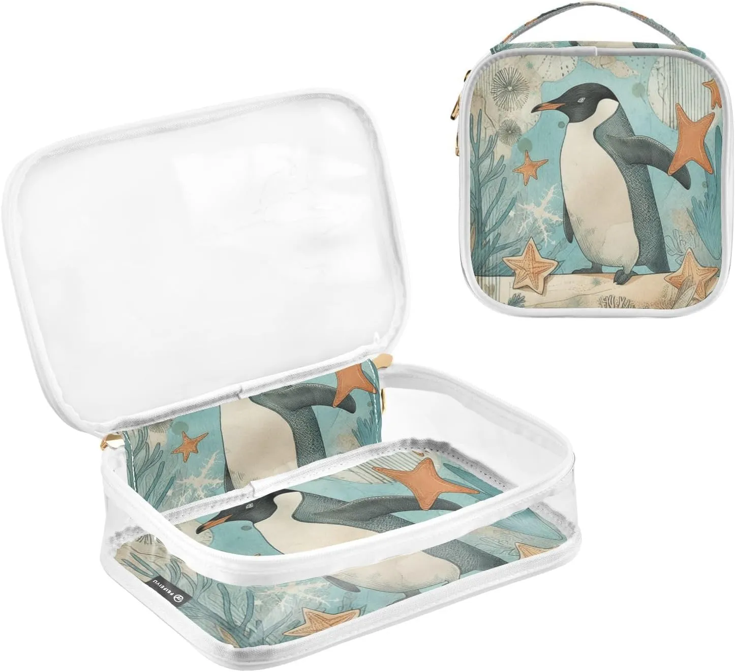 GAIGEO Plank Scratch Ocean Coral Penguin Clear Travel Tolietry Bag, Makeup Bag for Car, Beauty Bags for Women Travel, 2 Pack
