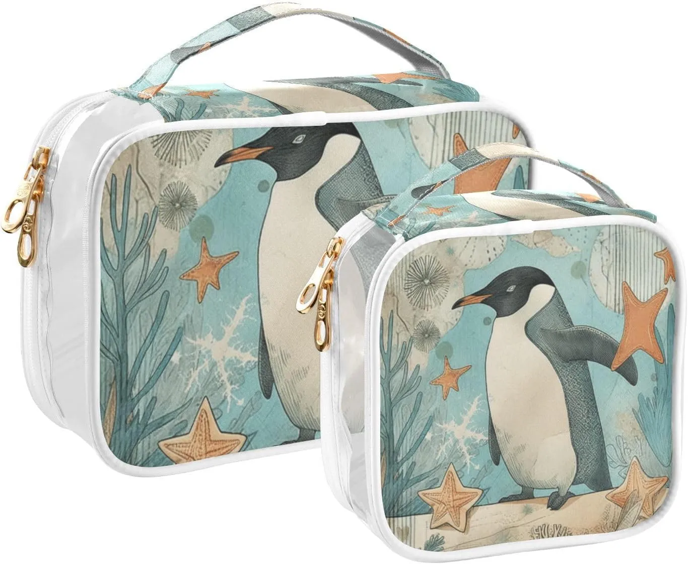 GAIGEO Plank Scratch Ocean Coral Penguin Clear Travel Tolietry Bag, Makeup Bag for Car, Beauty Bags for Women Travel, 2 Pack