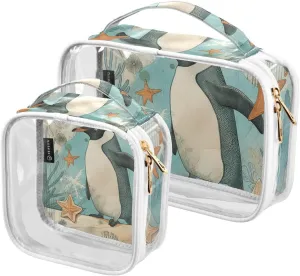GAIGEO Plank Scratch Ocean Coral Penguin Clear Travel Tolietry Bag, Makeup Bag for Car, Beauty Bags for Women Travel, 2 Pack