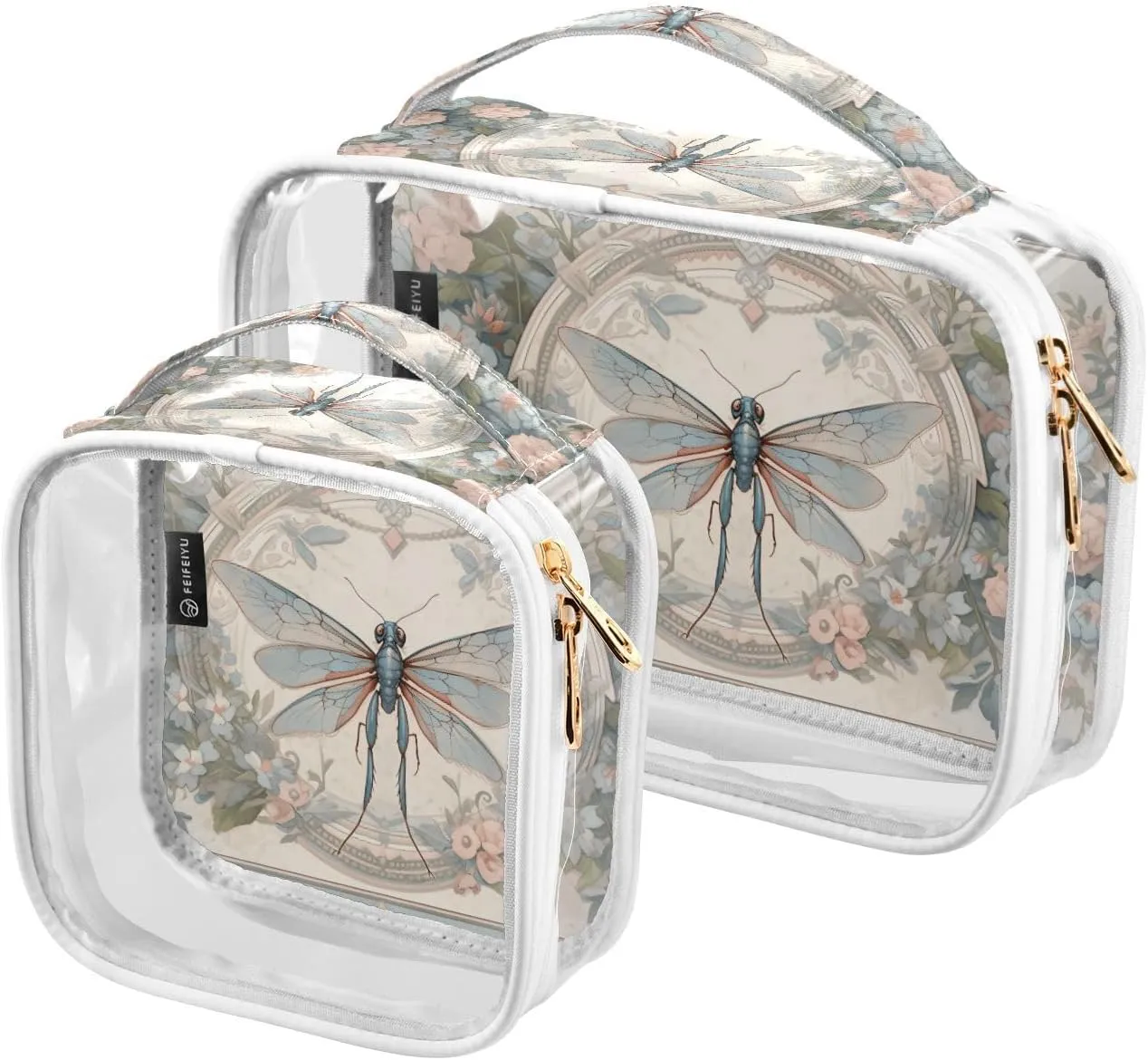 GAIGEO Plant Dragonfly Palace Wind 2 Pack Clear Toiletry Bag Set, Skin Care Organizer Bag, Cosmetic Bags for Travel