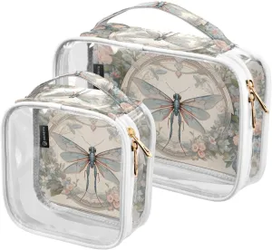 GAIGEO Plant Dragonfly Palace Wind 2 Pack Clear Toiletry Bag Set, Skin Care Organizer Bag, Cosmetic Bags for Travel