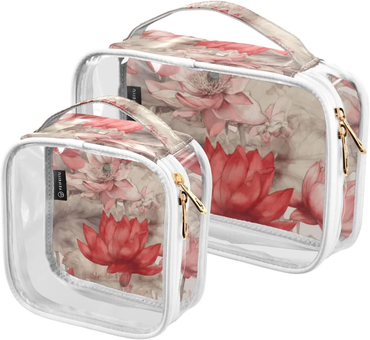 GAIGEO Premium Lotus Watercolor Floral Clear Cosmetic Bag Set, Reusable Clear Travel Bags, Travel Toiletry Bag Women, 2 Pack