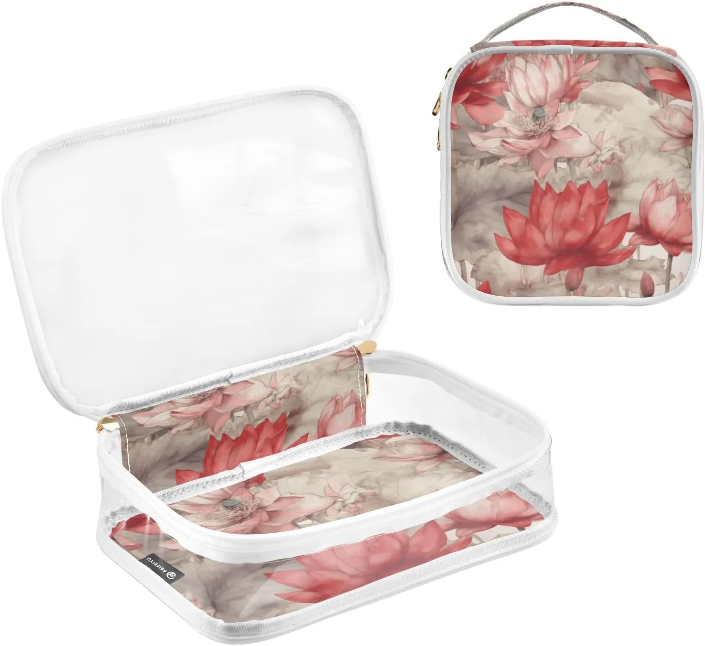 GAIGEO Premium Lotus Watercolor Floral Clear Cosmetic Bag Set, Reusable Clear Travel Bags, Travel Toiletry Bag Women, 2 Pack