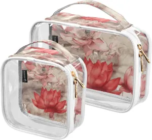 GAIGEO Premium Lotus Watercolor Floral Clear Cosmetic Bag Set, Reusable Clear Travel Bags, Travel Toiletry Bag Women, 2 Pack