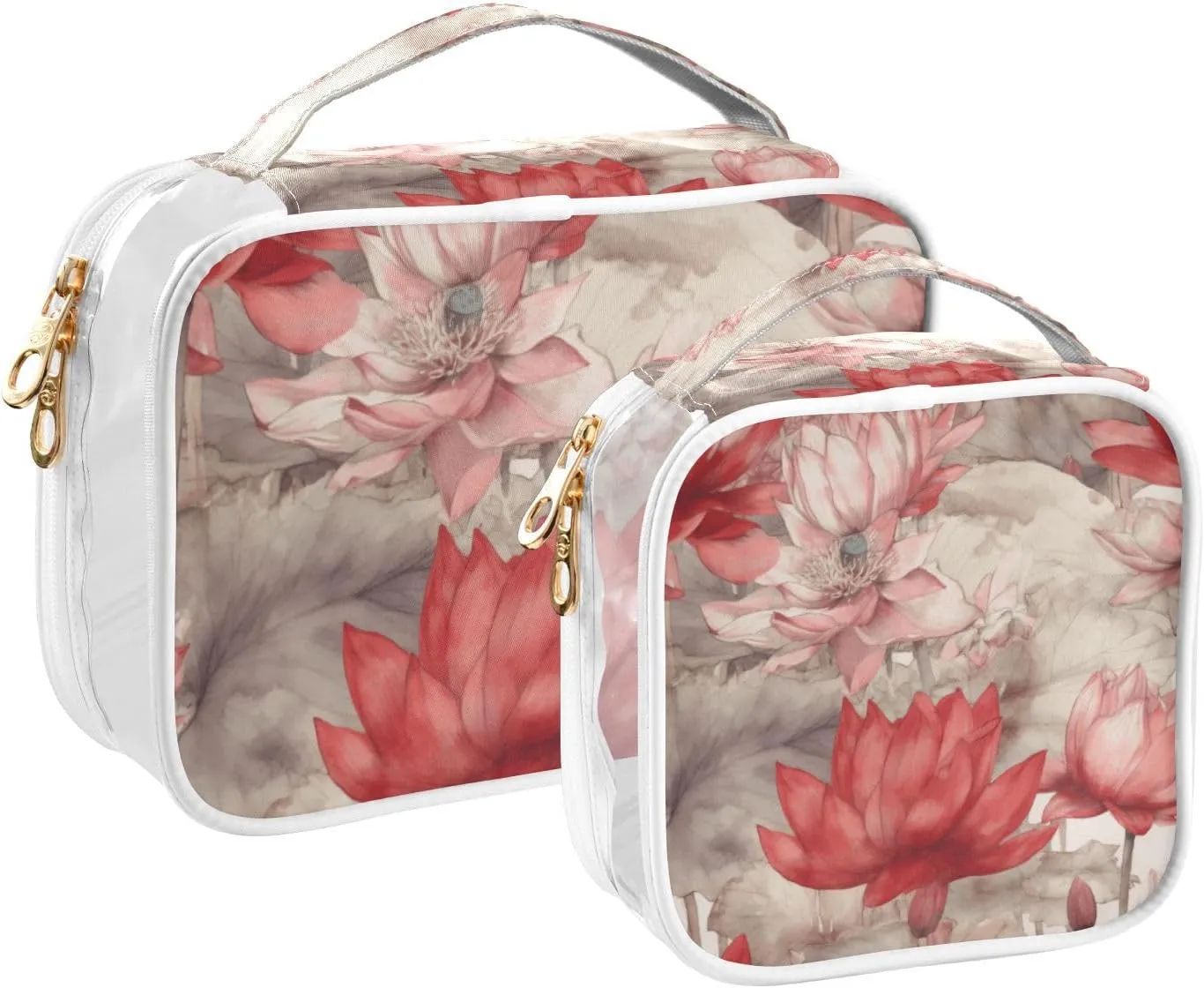 GAIGEO Premium Lotus Watercolor Floral Clear Cosmetic Bag Set, Reusable Clear Travel Bags, Travel Toiletry Bag Women, 2 Pack