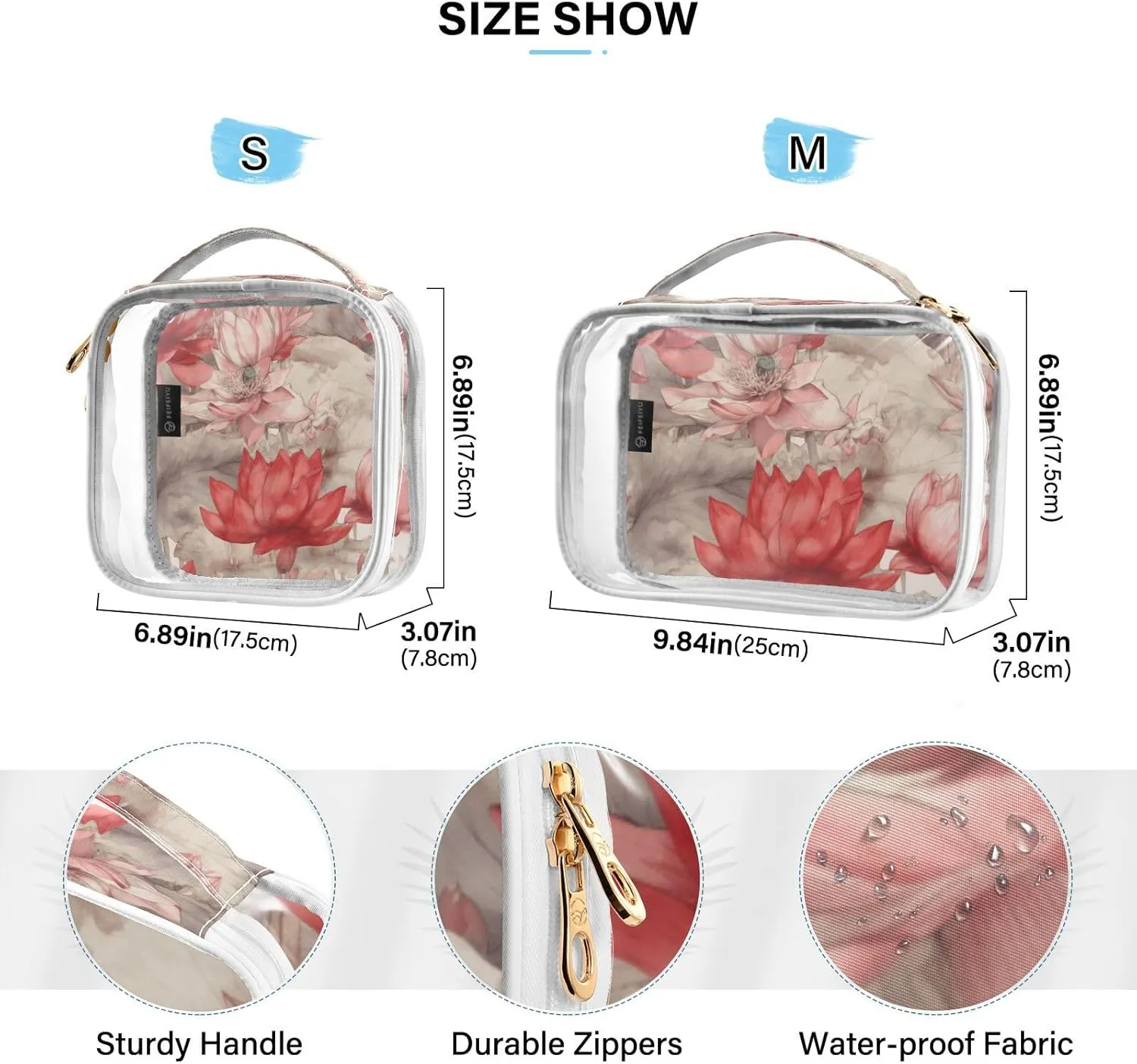 GAIGEO Premium Lotus Watercolor Floral Clear Cosmetic Bag Set, Reusable Clear Travel Bags, Travel Toiletry Bag Women, 2 Pack