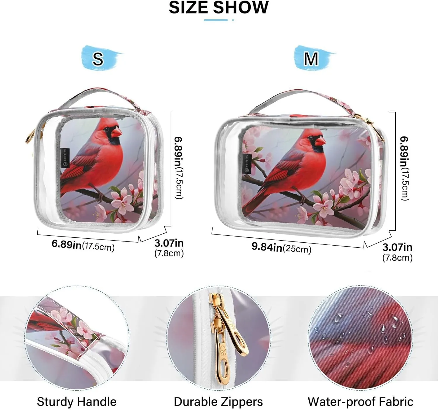 GAIGEO Red Bird Sitting on Branch with Flowers Makeup Bag Transparent, Hair Product Travel Bag, Toiletry Bag for Women Clear, 2 Pack