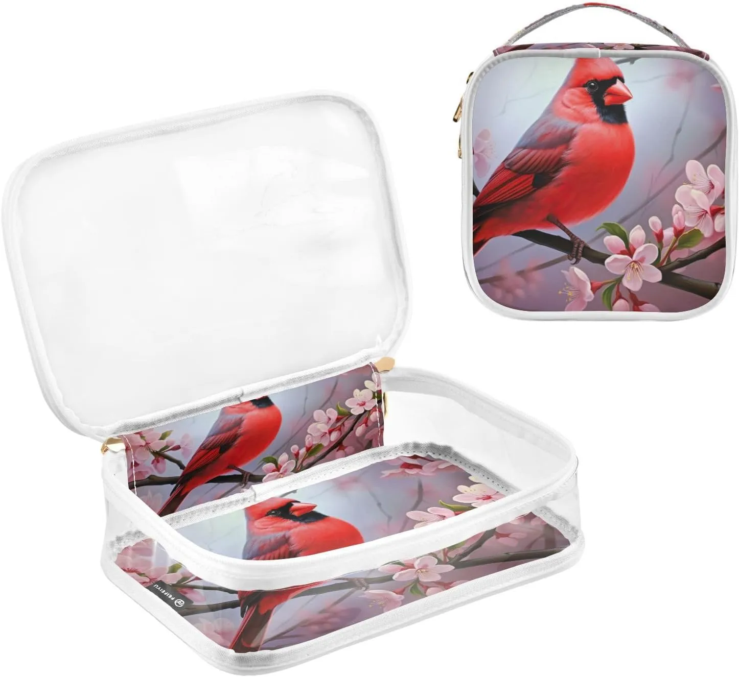 GAIGEO Red Bird Sitting on Branch with Flowers Makeup Bag Transparent, Hair Product Travel Bag, Toiletry Bag for Women Clear, 2 Pack