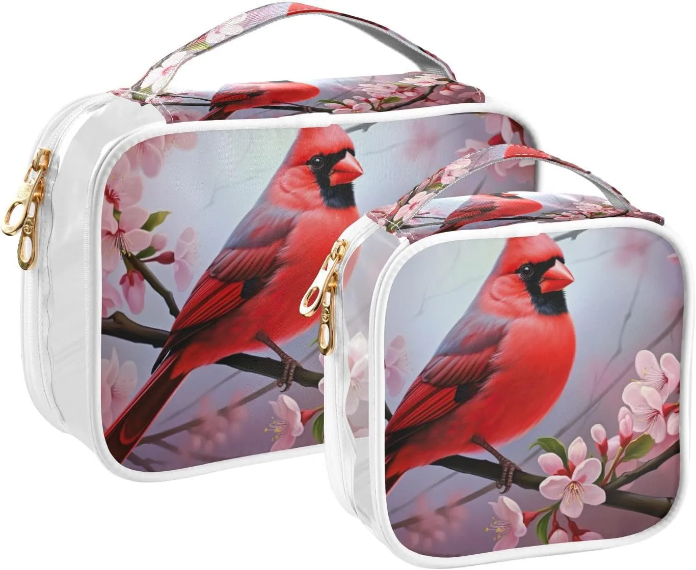 GAIGEO Red Bird Sitting on Branch with Flowers Makeup Bag Transparent, Hair Product Travel Bag, Toiletry Bag for Women Clear, 2 Pack