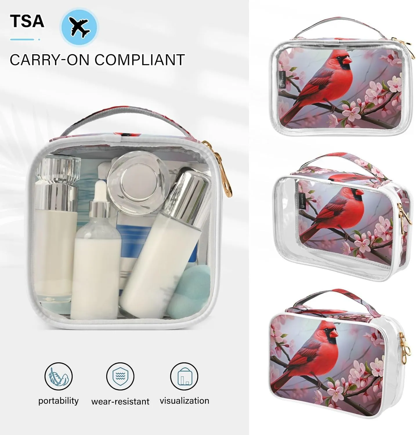 GAIGEO Red Bird Sitting on Branch with Flowers Makeup Bag Transparent, Hair Product Travel Bag, Toiletry Bag for Women Clear, 2 Pack