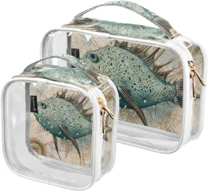 GAIGEO Retro Fish Coral Plank Travel Transparent Bag, Clear Liquid Travel Bag Tsa Approved, Travel Toiletries Bags for Women, 2 Pack