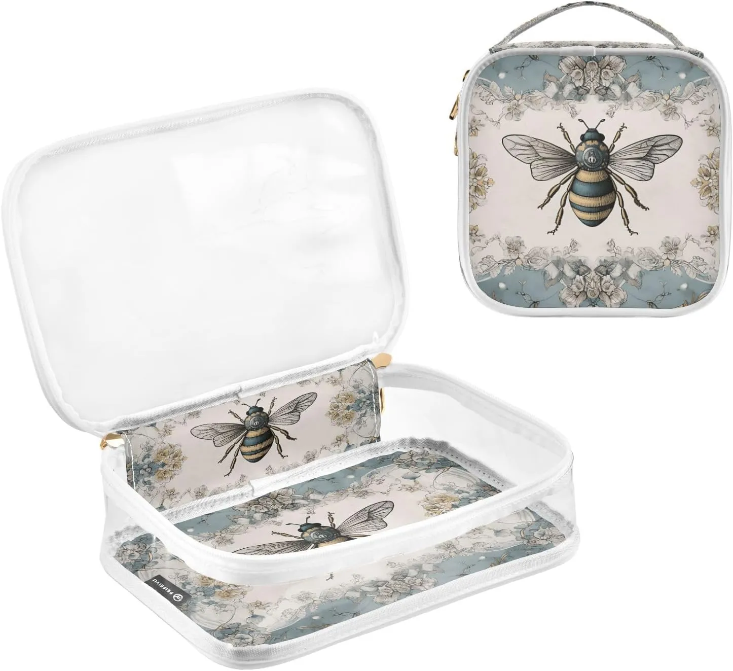 GAIGEO Retro Plant Rose Bee Palace Wind 2 Pack Clear Cosmetic Bag Set, Travel Size Toiletries Bag, Clear Bags for Travel