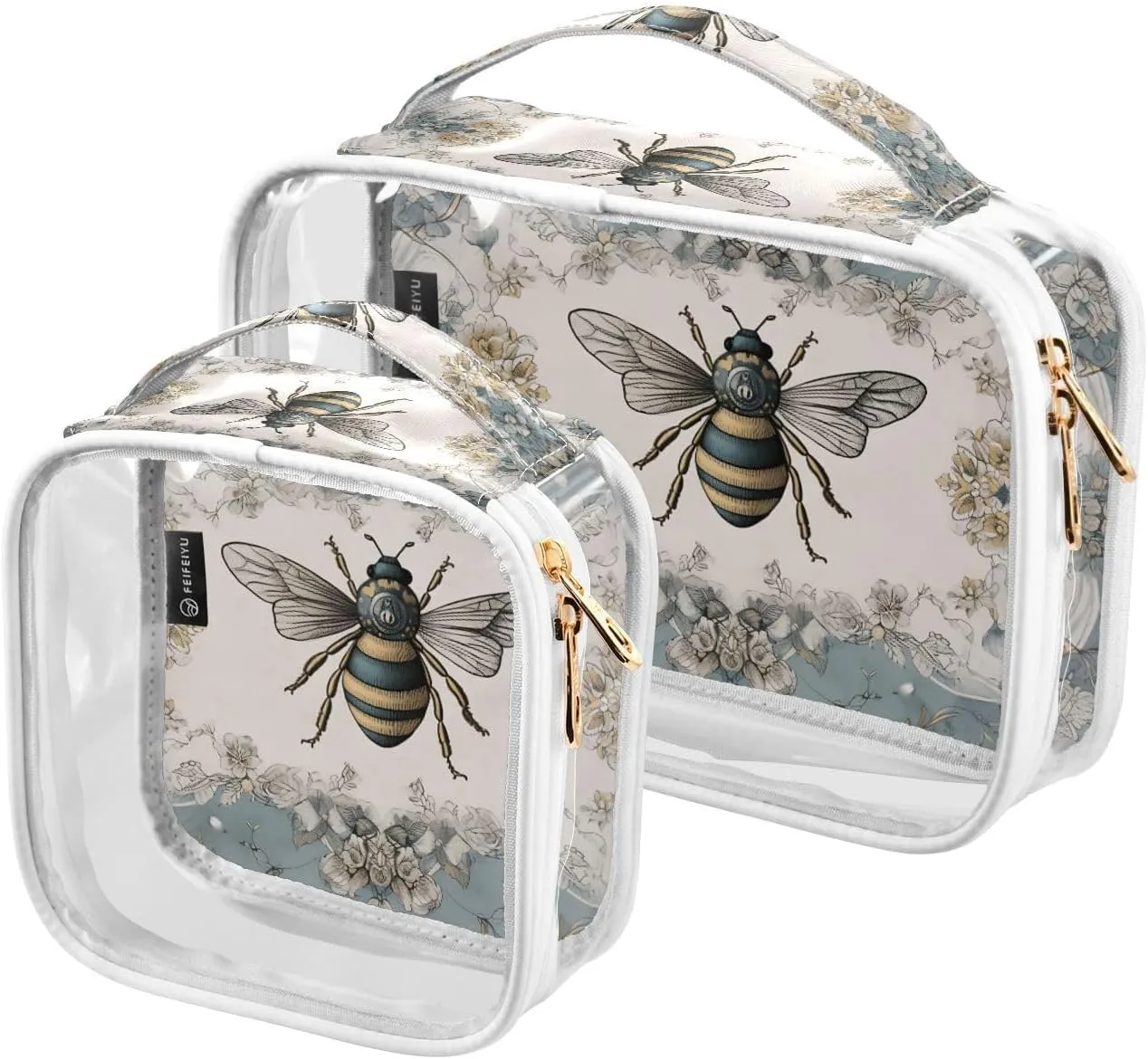 GAIGEO Retro Plant Rose Bee Palace Wind 2 Pack Clear Cosmetic Bag Set, Travel Size Toiletries Bag, Clear Bags for Travel