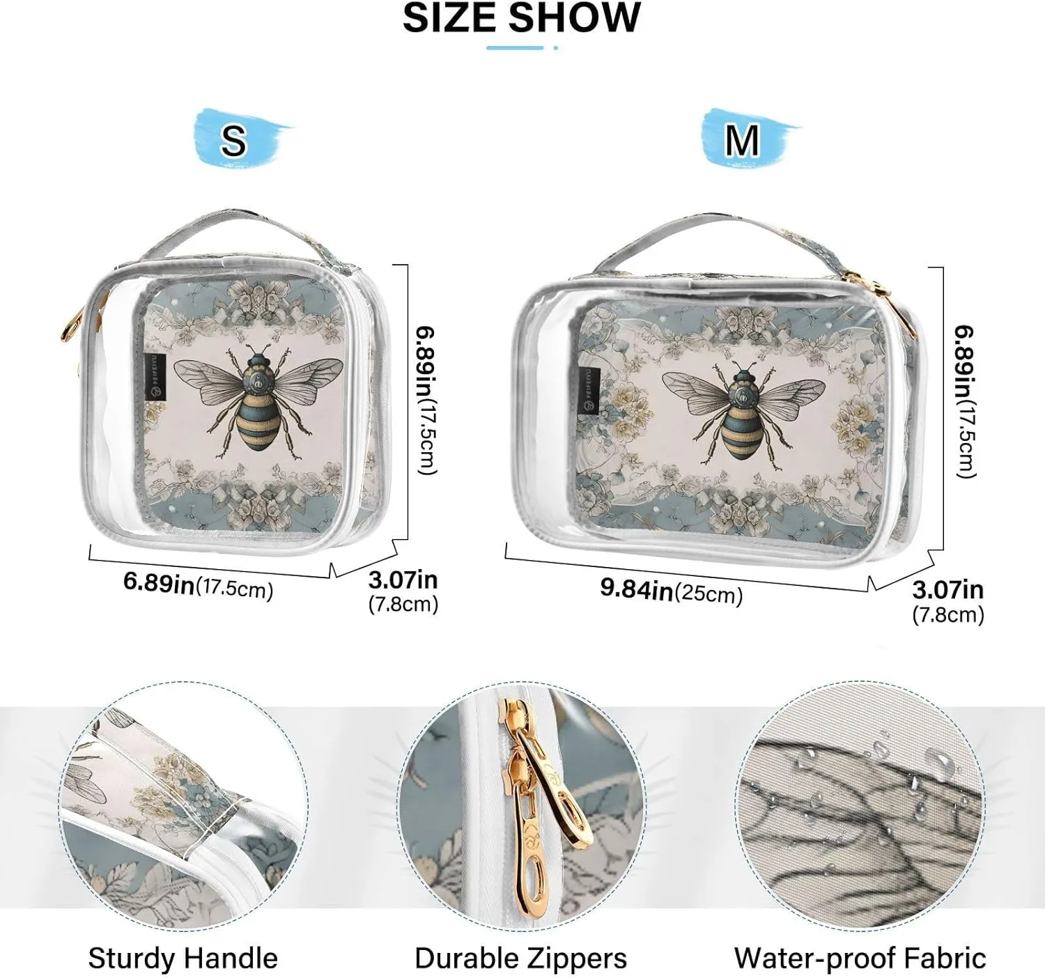 GAIGEO Retro Plant Rose Bee Palace Wind 2 Pack Clear Cosmetic Bag Set, Travel Size Toiletries Bag, Clear Bags for Travel