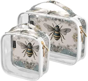 GAIGEO Retro Plant Rose Bee Palace Wind 2 Pack Clear Cosmetic Bag Set, Travel Size Toiletries Bag, Clear Bags for Travel