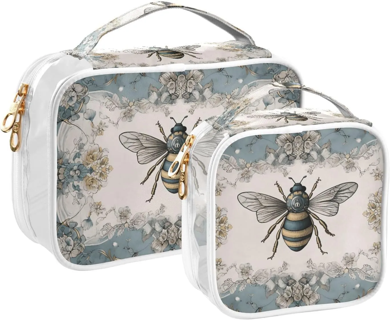 GAIGEO Retro Plant Rose Bee Palace Wind 2 Pack Clear Cosmetic Bag Set, Travel Size Toiletries Bag, Clear Bags for Travel