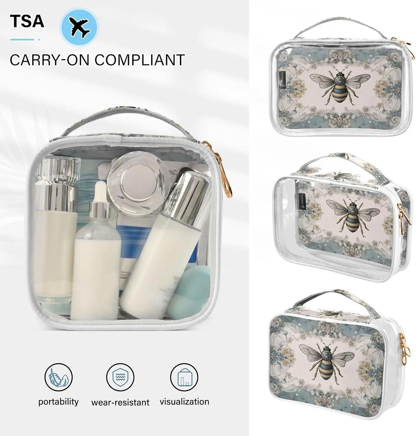 GAIGEO Retro Plant Rose Bee Palace Wind 2 Pack Clear Cosmetic Bag Set, Travel Size Toiletries Bag, Clear Bags for Travel