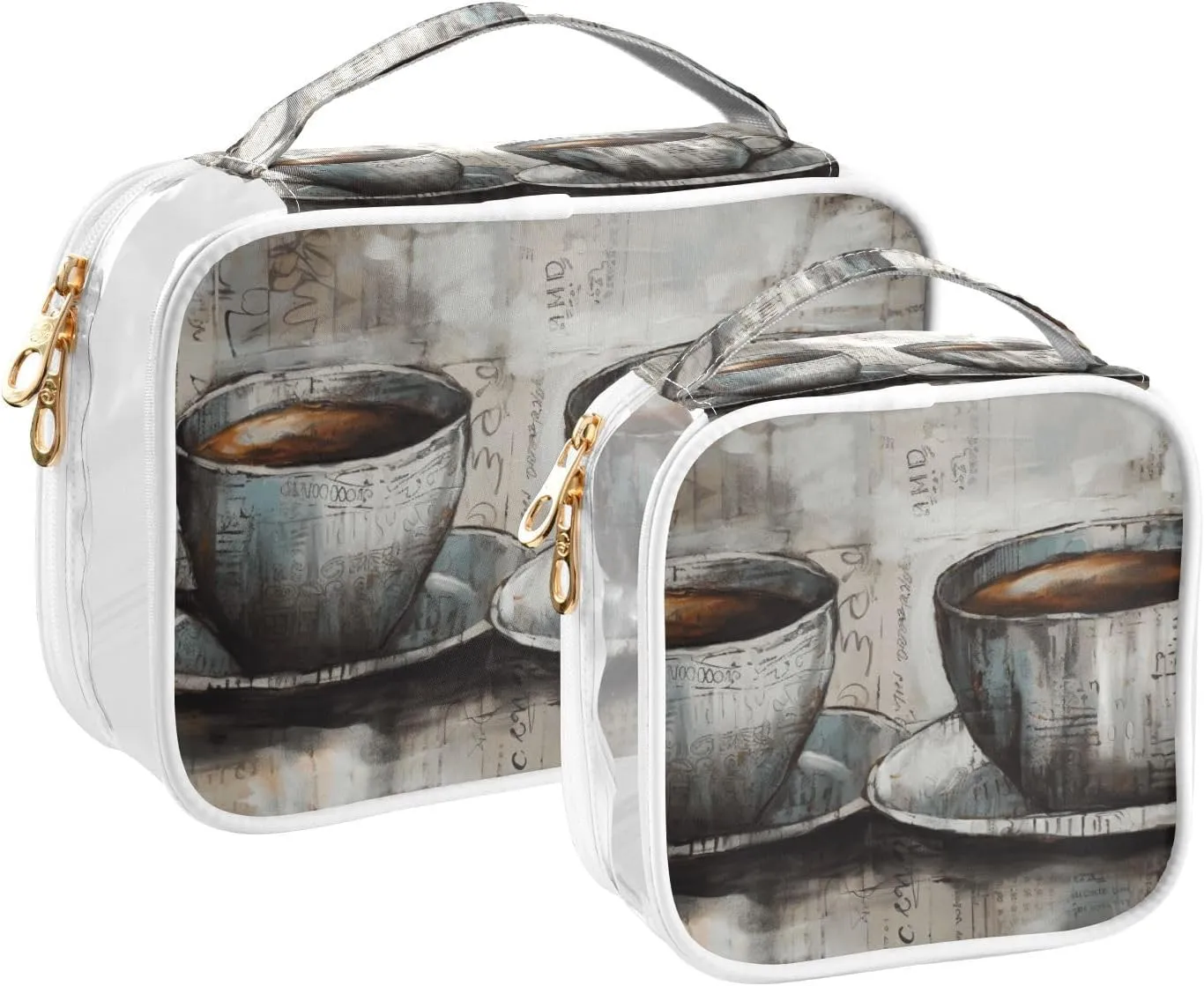 GAIGEO Retro Wooden Board Coffee Clear Makeup Bag Set, Clear Cosmetic Bag with Handle, Transparent Toiletry Bag for Women, 2 Pack