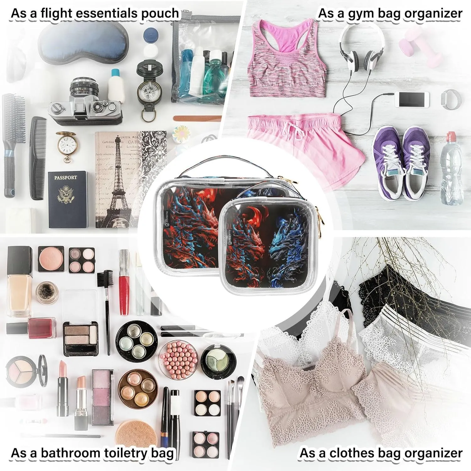 GAIGEO Symmetrical Dragon Icon Clear Cosmetic Bag Set, Travel Tsa Toiletry Bag, Cosmetic Travel Accessories, 2 Pack