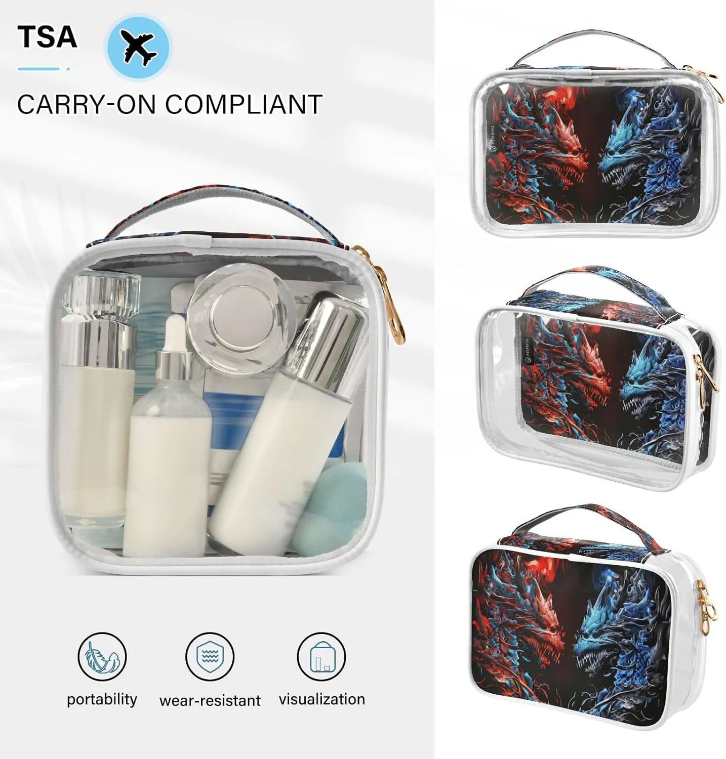 GAIGEO Symmetrical Dragon Icon Clear Cosmetic Bag Set, Travel Tsa Toiletry Bag, Cosmetic Travel Accessories, 2 Pack