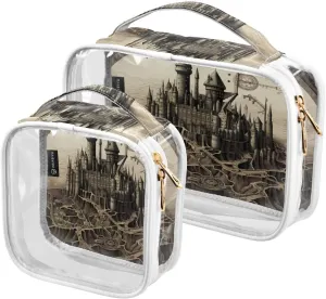 GAIGEO Tower and Palace Map Art Print 2 Pack Clear Cosmetic Bag Set, Clear Cosmetic Makeup Bag, Clear Toiletries Bag for Travel