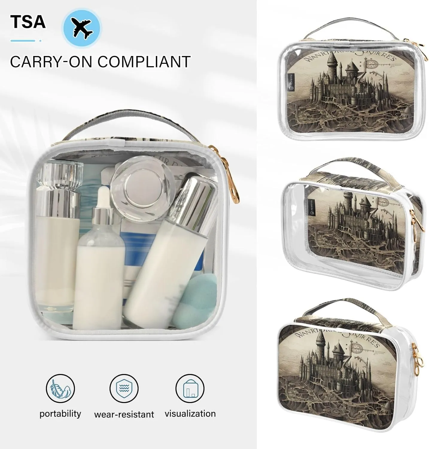 GAIGEO Tower and Palace Map Art Print 2 Pack Clear Cosmetic Bag Set, Clear Cosmetic Makeup Bag, Clear Toiletries Bag for Travel
