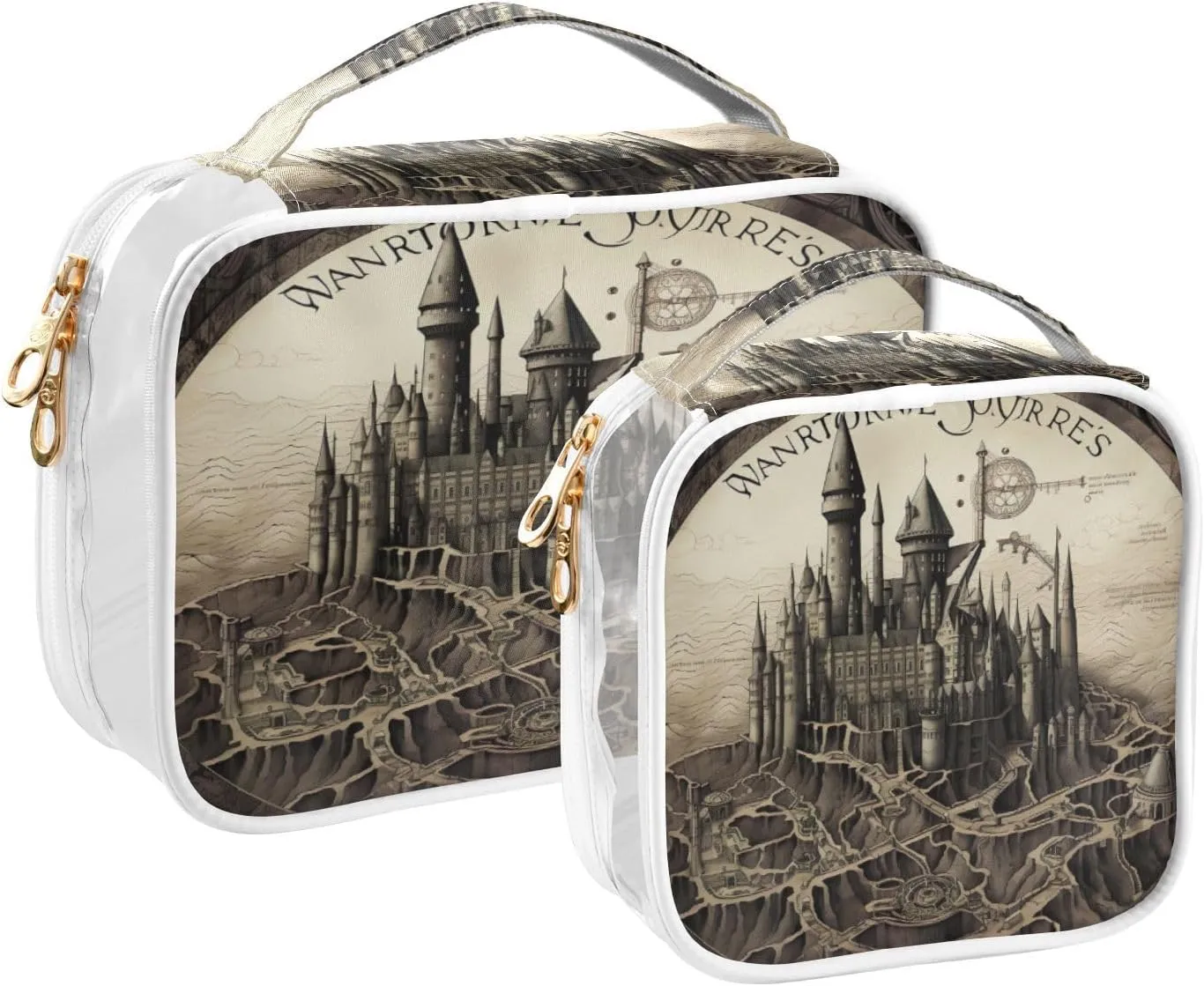 GAIGEO Tower and Palace Map Art Print 2 Pack Clear Cosmetic Bag Set, Clear Cosmetic Makeup Bag, Clear Toiletries Bag for Travel