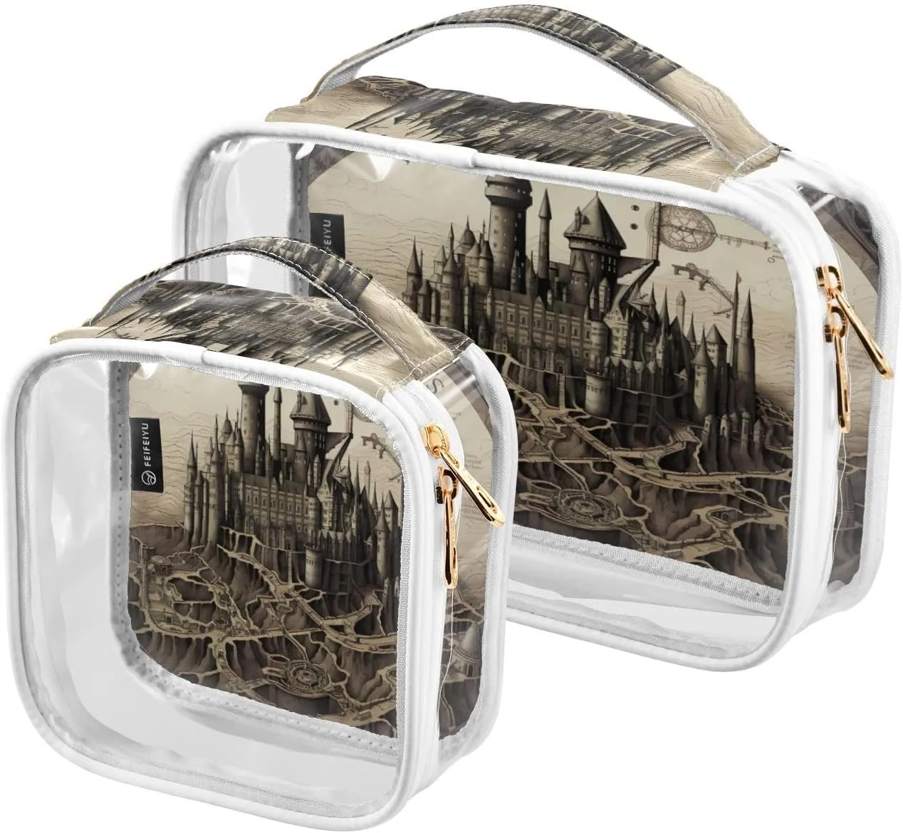 GAIGEO Tower and Palace Map Art Print 2 Pack Clear Cosmetic Bag Set, Clear Cosmetic Makeup Bag, Clear Toiletries Bag for Travel