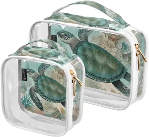 GAIGEO Vintage Marine Sea Turtle Coral Plank Clear Toiletry Bag Set, Clear Makeup Organizer Bag, Travel Cosmetic Bags for Women, 2 Pack