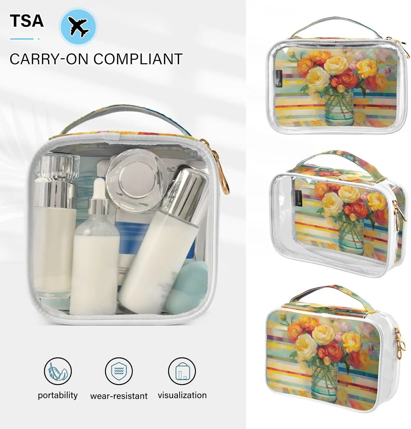 GAIGEO Watercolor Colorful Vase Clear Makeup Bag Set, Zippered Clear Makeup Bag, Travel Accessories Bags, 2 Pack