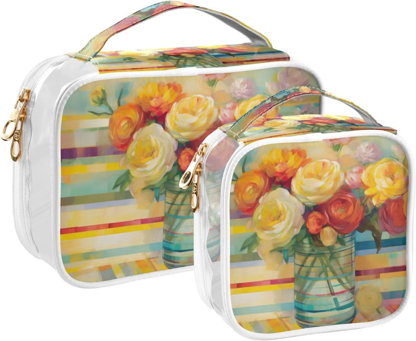 GAIGEO Watercolor Colorful Vase Clear Makeup Bag Set, Zippered Clear Makeup Bag, Travel Accessories Bags, 2 Pack