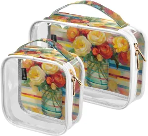 GAIGEO Watercolor Colorful Vase Clear Makeup Bag Set, Zippered Clear Makeup Bag, Travel Accessories Bags, 2 Pack