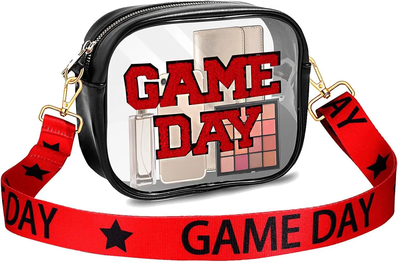 Game Day Clear Bag for Stadium Events with Letter Patches Stadium Approved Clear Crossbody Purse for Concerts Sports Events