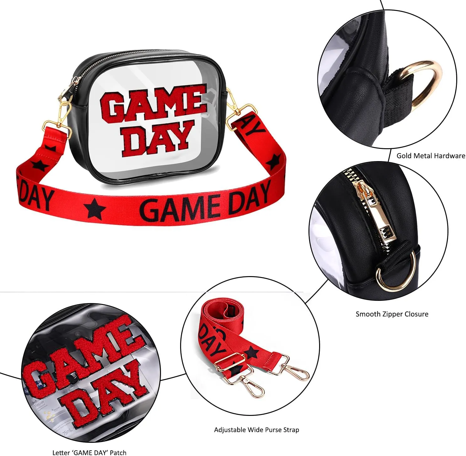 Game Day Clear Bag for Stadium Events with Letter Patches Stadium Approved Clear Crossbody Purse for Concerts Sports Events