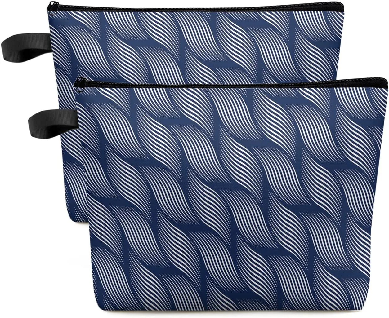 Geometric Blue Waves Line Filling Cosmetic Bags for Women, Regularity Vertigo Navy Blue Small Makeup Bag for Purse, Waterproof Travel Toiletry Bag Accessories Organizer, 2PCS