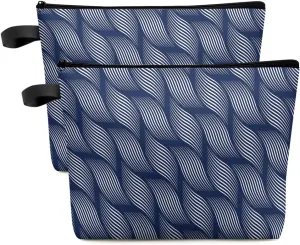 Geometric Blue Waves Line Filling Cosmetic Bags for Women, Regularity Vertigo Navy Blue Small Makeup Bag for Purse, Waterproof Travel Toiletry Bag Accessories Organizer, 2PCS