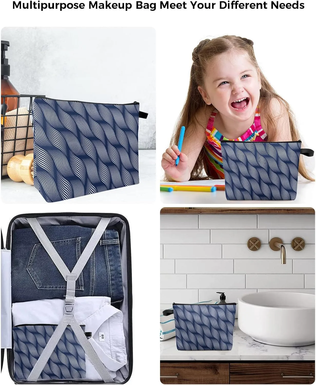 Geometric Blue Waves Line Filling Cosmetic Bags for Women, Regularity Vertigo Navy Blue Small Makeup Bag for Purse, Waterproof Travel Toiletry Bag Accessories Organizer, 2PCS