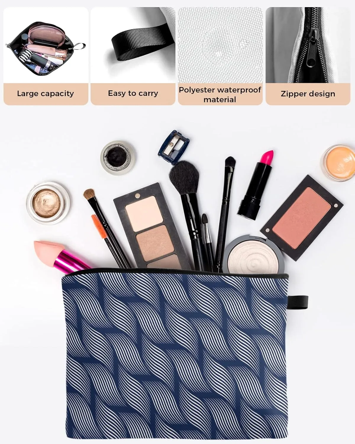 Geometric Blue Waves Line Filling Cosmetic Bags for Women, Regularity Vertigo Navy Blue Small Makeup Bag for Purse, Waterproof Travel Toiletry Bag Accessories Organizer, 2PCS