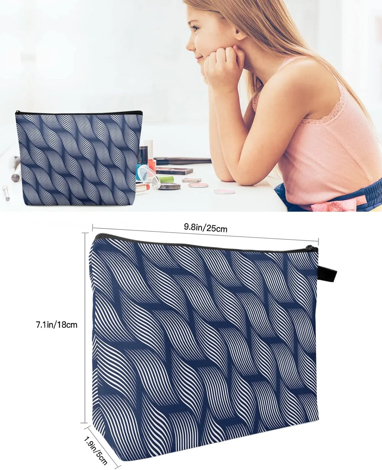 Geometric Blue Waves Line Filling Cosmetic Bags for Women, Regularity Vertigo Navy Blue Small Makeup Bag for Purse, Waterproof Travel Toiletry Bag Accessories Organizer, 2PCS