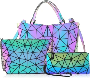 Geometric Purse for Women,Geometric Luminous Crossbody Bags (Medium) and Holographic wallets Set-3