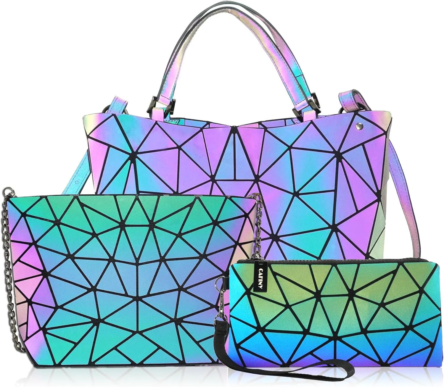 Geometric Purse for Women,Geometric Luminous Crossbody Bags (Medium) and Holographic wallets Set-3