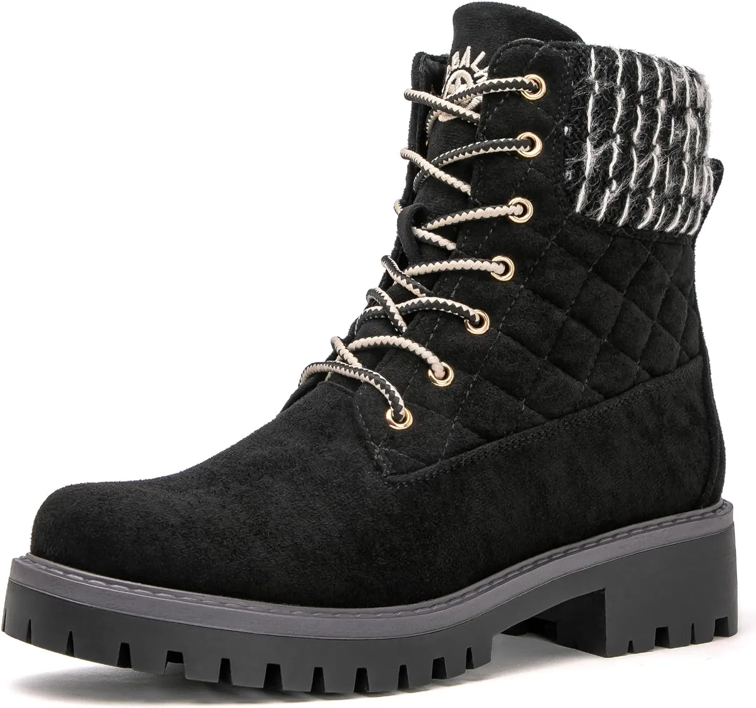 GLOBALWIN Women's Quilted Ankle Boots Fashion Combat Boots Lace Up Combat Boots Low Heel Warm Fur Ankle Booties For Women
