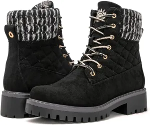 GLOBALWIN Women's Quilted Ankle Boots Fashion Combat Boots Lace Up Combat Boots Low Heel Warm Fur Ankle Booties For Women