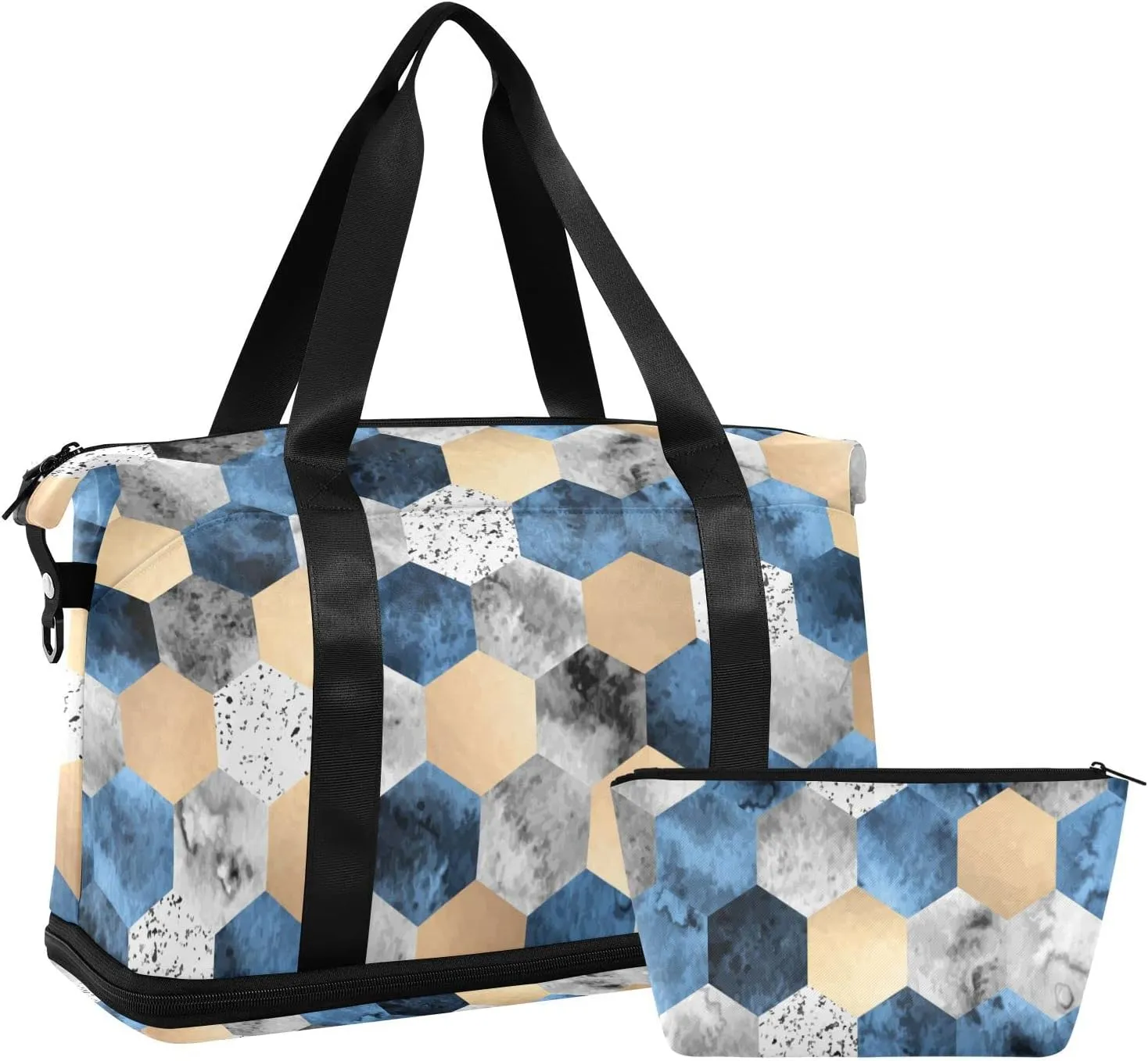 Gold Foil, Gray Marble, Deep Blue Polygons Geometric Hexagon Tile Gym Duffel Bag, Polyester Travel Weekender Luggage Handbag with Waterproof Pocket for Wet Items, Unisex Foldable Tote for Sports