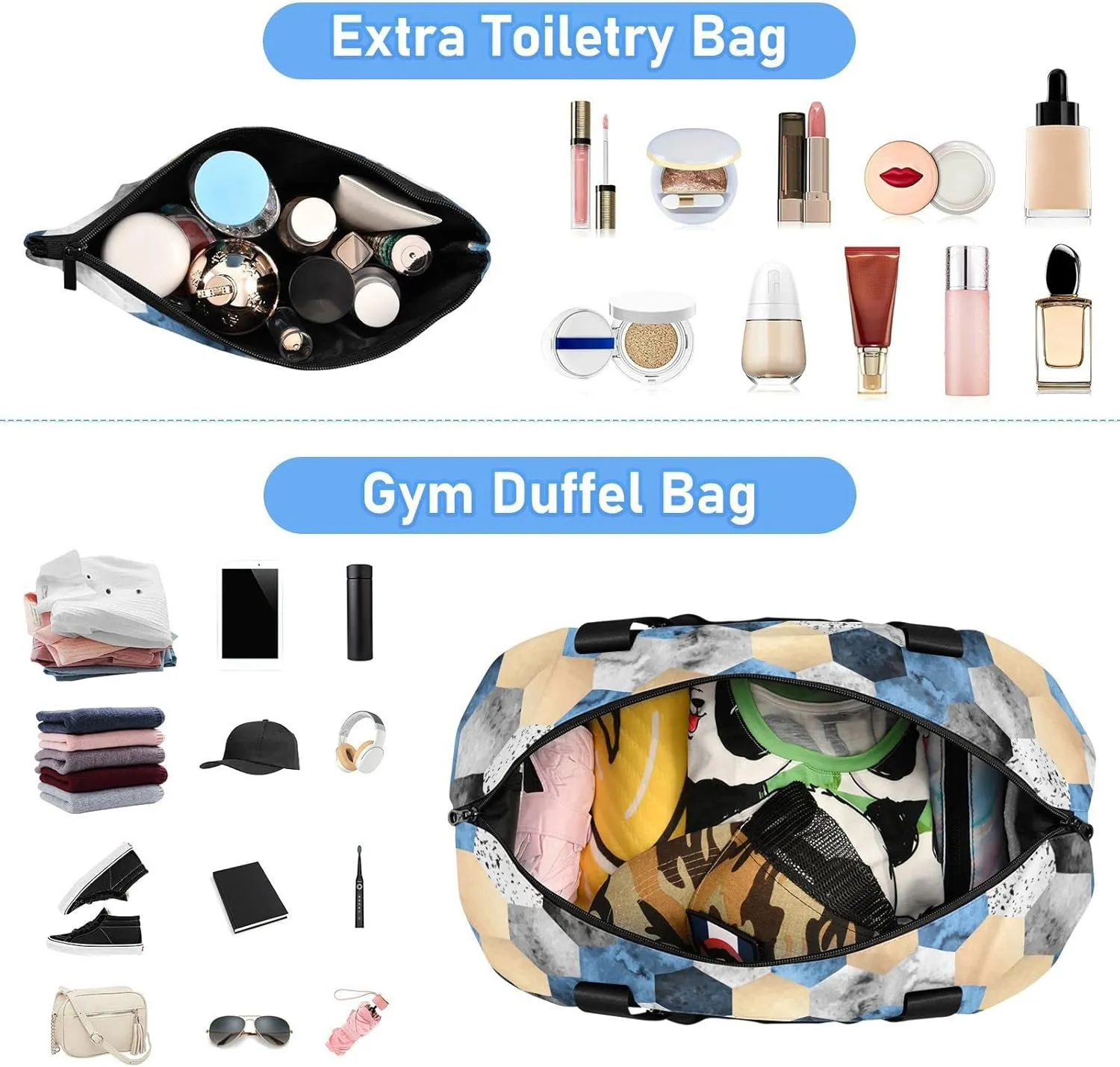 Gold Foil, Gray Marble, Deep Blue Polygons Geometric Hexagon Tile Gym Duffel Bag, Polyester Travel Weekender Luggage Handbag with Waterproof Pocket for Wet Items, Unisex Foldable Tote for Sports
